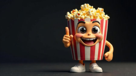Cheerful anthropomorphic popcorn bucket with a big smile and rosy cheeks stands on a dark gray surface, giving a thumbs up gesture, suggesting a positive and enjoyable movie or snack experienceの素材