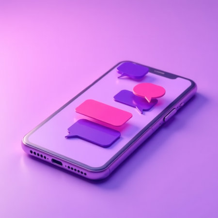 Vibrant 3d render of a smartphone with colorful speech bubbles hovering above, symbolizing online communication and social media engagement on a purple backgroundの素材
