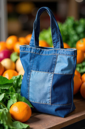 Stylish reusable shopping bag made from recycled denim patchwork sits on a wooden table with fresh produce in the background, promoting eco conscious consumerism and reducing plastic wasteの素材