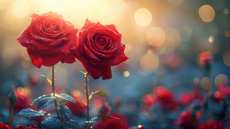 Two vibrant red roses are blooming in a garden. Covered in glistening dew drops and bathed in the warm glow of golden sunlight. With a blurred background of other roses creating a dreamy bokeh effectの素材