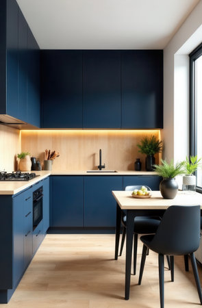 Modern blue and wood kitchen boasting led strip lights over wooden backsplash and black sink, complete with dining table and chairs next to windowの素材