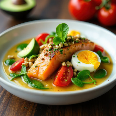Delicious grilled salmon fillet served with boiled egg, cherry tomatoes, avocado slices, pine nuts and lamb's lettuce, all resting on a bed of yellow sauceの素材