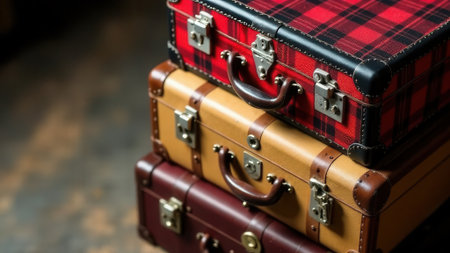Three vintage suitcases are stacked on a wooden floor, creating a nostalgic atmosphere of travel and adventure, with the top one featuring a distinctive red plaid patternの素材