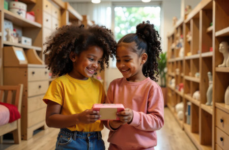 Two cheerful girls sharing a smartphone in a vibrant kindergarten classroom, engaging with technology while learning and enjoying their time together in a playful environmentの素材