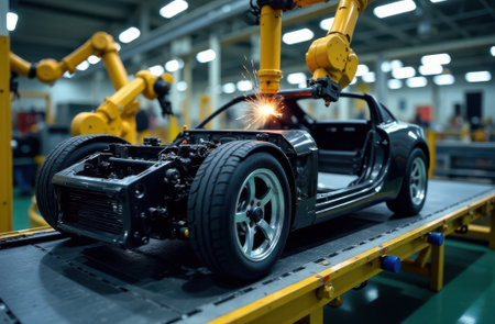 Automated robotic arm welding chassis of electric vehicle on production line in innovative car manufacturing plant, showcasing advanced automation in automotive industryの素材