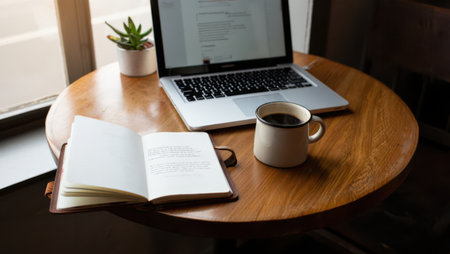 Workspace on a wooden table featuring a laptop, an open notebook with text, a cup of black coffee, and a small potted succulent by a window, representing remote work, studying, or freelance activityの素材
