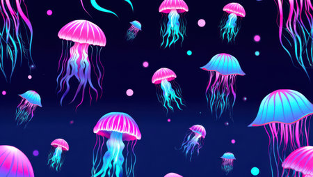 Jellyfish are floating through a dark underwater environment, radiating vibrant pink and blue neon bioluminescent light, creating a seamless and captivating sea life patternの素材