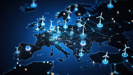 Europe's digital map displaying a smart grid network connecting numerous wind turbines and solar panels, illustrating renewable energy integration and distribution across the continentの素材