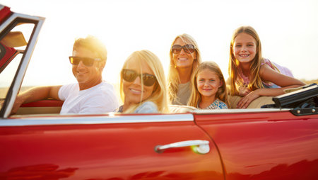 Happy family of five smiling and wearing sunglasses while driving together in an open red convertible car, creating lasting memories during their summer vacationの素材
