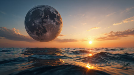 Moon planet suspended above the ocean surface at sunset, with warm sunlight reflecting on the water, creating a serene and otherworldly marine landscapeの素材