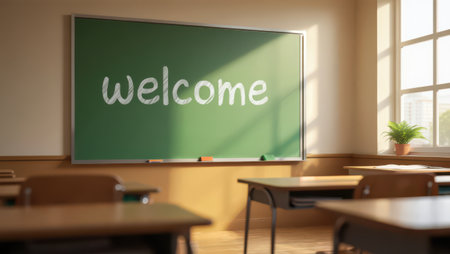 Chalkboard welcoming students in an empty, sunlit classroom with neat desks and a plant, symbolizing back to school beginnings, learning, hope, and academic opportunityの素材