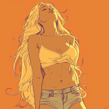 Blonde woman with long flowing hair, wearing a crop top and shorts, tilting her head back, eyes closed, and face basking in warm summer sunlight, evoking feelings of relaxation and sensualityの素材