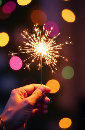 Hand holding a lit sparkler, illuminating the night with golden sparks and a soft glow, creating a festive atmosphere with colorful bokeh lights in the backgroundの素材