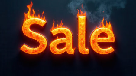 Burning Sale text on a dark background, illustrating hot discounts and promotional offers, creating an impactful visual for advertising sales and impulsive online shoppingの素材