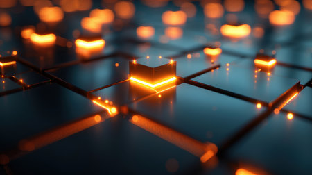 Glowing orange cubes rise from a reflective dark grid to form a futuristic network visualization, suggesting data flow, connectivity, AI, blockchain and high tech communication systemsの素材