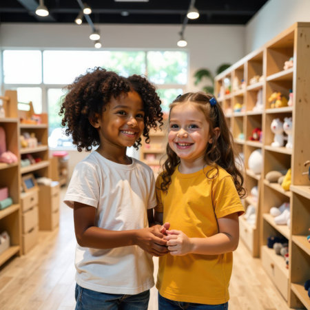 Two cheerful young multiracial girls standing together in a bright toy store, holding hands, smiling at the camera and displaying happiness while enjoying shoppingの素材