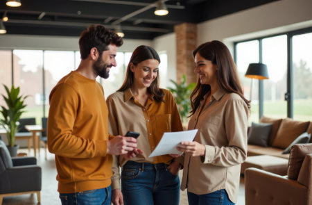 Couple and a real estate agent standing in a modern living room, discussing property details and agreements, with the agent holding documents and the man holding a smartphoneの素材