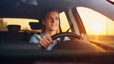 Young woman smiling at sunset while driving, warm golden hour glow backlighting her in a modern car, enjoying an open road road trip and feeling free and confidentの素材
