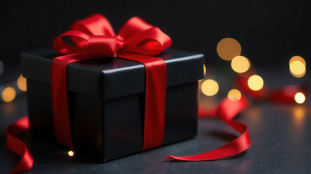 Black gift box with a vibrant red ribbon and bow is placed on a dark surface, surrounded by warm, glowing bokeh lights, creating a festive and elegant presentation for celebrationの素材