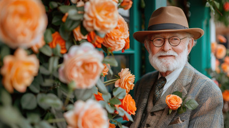 Elderly man posing among vibrant orange roses, wearing a dapper tweed suit with a boutonniere, smiling directly at the viewer and exuding warmth and elegance outdoorsの素材