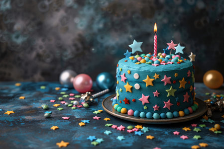 Colorful birthday cake with star sprinkles and a single lit candle on a dark blue background, surrounded by scattered candies and festive party decorations for celebrationの素材
