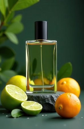 Elegant perfume bottle is placed on a stone, surrounded by vibrant citrus fruits like limes and oranges, with lush green leaves in the background, creating a refreshing and aromatic atmosphereの素材