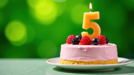 A vibrant birthday cake topped with a bright number five candles and an assortment of fresh berries, set against a soft green bokeh background, creating a festive atmosphere for celebrationsの素材
