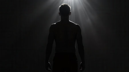 Male figure stands in silhouette against a dark background, illuminated by striking light beams from above, creating a powerful and dramatic atmosphere, emphasizing strength and presenceの素材