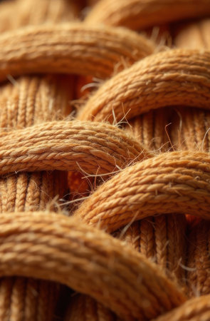 This image features a close-up view of woven natural fibers, highlighting the intricate texture and detail of the material, creating a warm and inviting atmosphere for design applicationsの素材