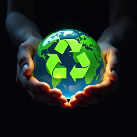 Hands gently cradle a luminous globe featuring a recycling symbol, emphasizing the importance of sustainability and environmental awareness, showing a commitment to protecting the planetの素材
