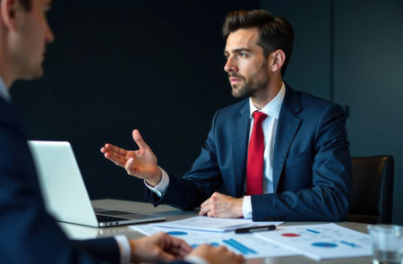 Professional man in a suit is engaged in a discussion with a colleague in a contemporary office, showcasing charts and documents on the table, emphasizing collaboration and strategyの素材
