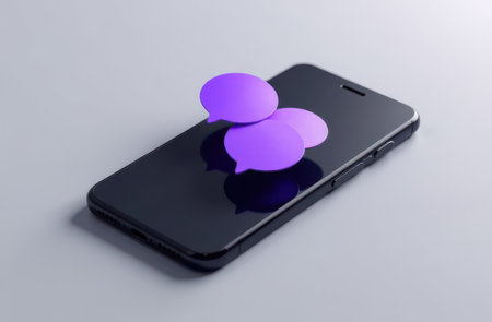 A modern smartphone mock up displays vibrant purple chat bubbles on its glossy black screen, creating a visually appealing scene that emphasizes digital communication and interactionの素材