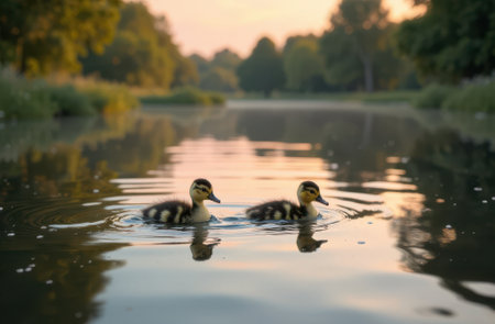 Two adorable ducklings are swimming gracefully in a tranquil pond, surrounded by lush greenery and reflecting the warm colors of the sunset, creating a peaceful natural sceneの素材