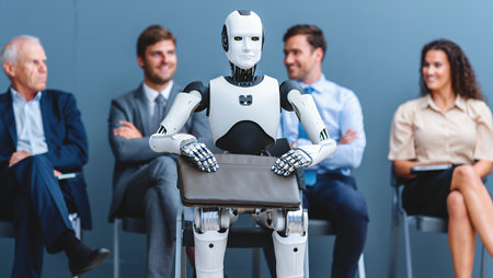 A humanoid robot sits confidently with a briefcase, surrounded by human interviewees in formal attire, showcasing the blend of technology and human interaction in a professional environmentの素材