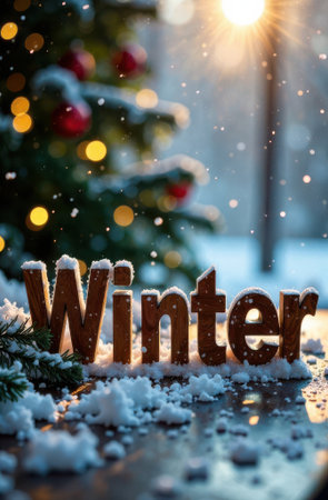 Wooden letters spelling "Winter" are surrounded by fresh snowflakes and pine branches, illuminated by soft sunlight, creating a cozy winter atmosphere with festive decorations in the backgroundの素材
