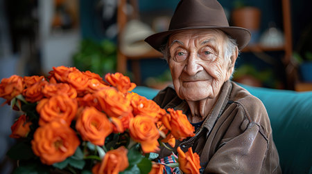 Senior man with gray hair and a brown hat is sitting comfortably in a cozy indoor space, surrounded by vibrant orange roses, exuding warmth and joy in a serene atmosphereの素材
