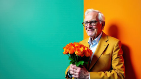 Senior man with gray hair and glasses is smiling while holding a vibrant bouquet of orange roses, set against a striking green and orange background, creating a cheerful atmosphereの素材