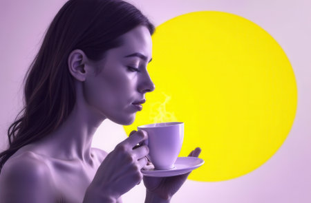 A serene woman is holding a steaming cup of coffee, gazing thoughtfully, with a vibrant yellow circle in the background, creating a warm and inviting atmosphere for relaxation and contemplationの素材