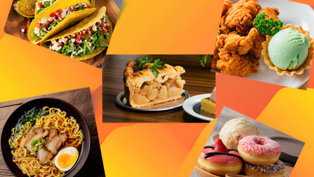 A vibrant food collage showcasing an array of delectable dishes, including tacos, fried chicken, apple pie, noodles, and desserts, creating an inviting and appetizing atmosphereの素材