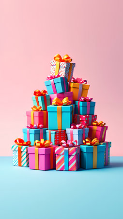 A vibrant arrangement of various gift boxes stacked in a pyramid shape, featuring bright colors and decorative ribbons, set against a soft pastel background, creating a festive atmosphereの素材