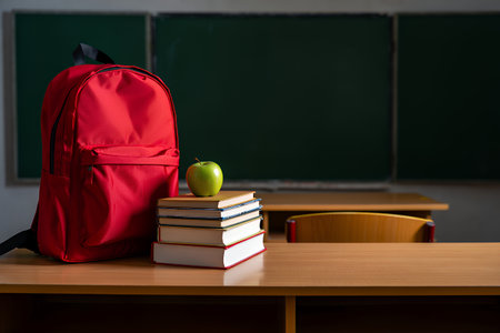 A vibrant red backpack sits next to a shiny green apple atop a stack of books on a wooden classroom desk, with chalkboards in the background, creating an inviting educational atmosphereの素材