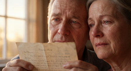 A couple is deeply moved as they read an old letter together, with tears in their eyes. The warm light from the window creates a nostalgic atmosphere, enhancing their emotional connectionの素材
