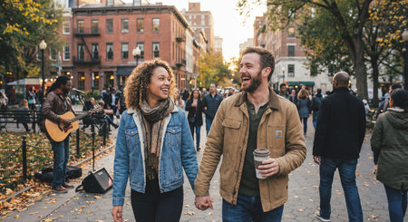 Joyful couple, an African American woman and a Caucasian man, stroll hand in hand through a vibrant park, surrounded by autumn leaves and lively atmosphere, enjoying their time togetherの素材