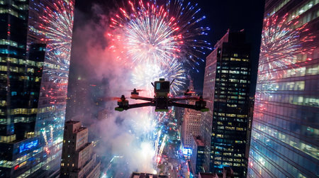Aerial view of a drone flying above a bustling city, capturing a stunning fireworks display lighting up the night sky, with skyscrapers reflecting colorful bursts of light and smokeの素材