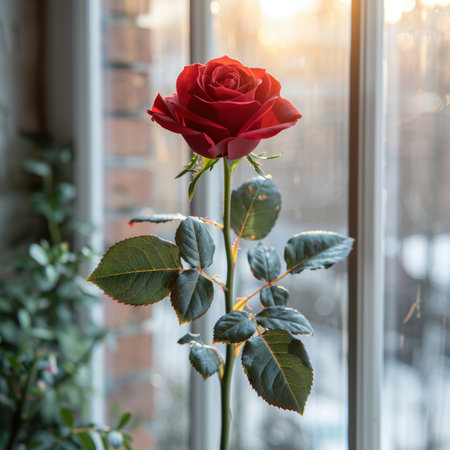 A vibrant red rose stands elegantly by a window, bathed in warm sunlight. The delicate petals and lush green leaves create a serene atmosphere, enhancing the beauty of nature indoorsの素材