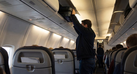 A man dressed in a dark jacket is lifting his suitcase into the overhead compartment of an airplane, surrounded by fellow passengers seated in the cabin, showcasing travel and boarding experienceの素材