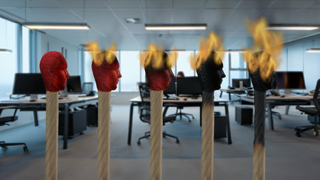Unique illustration featuring matchsticks with human head designs, some in vibrant red and others in black, all ablaze, set against a modern office environment, showing creativity and innovationの素材