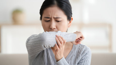 Asian woman is sitting in a cozy living room, showing signs of discomfort as she rubs her arm, surrounded by soft furnishings and a warm atmosphere, reflecting a moment of self-careの素材