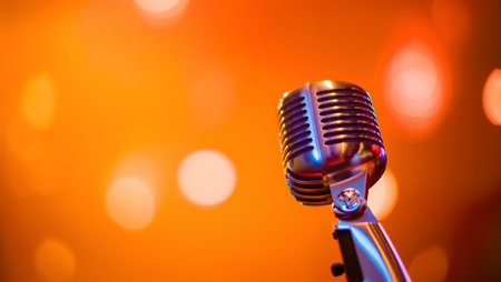 Close-up of a vintage microphone positioned on stage, surrounded by vibrant bokeh lights creating a warm atmosphere, ideal for music events and performances, showcasing the essence of live entertainmentの素材