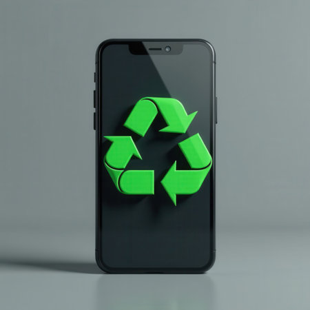 Mobile device mock up features a prominent green recycling symbol on its screen, set against a minimalist gray background, emphasizing sustainability and eco-friendly conceptsの素材